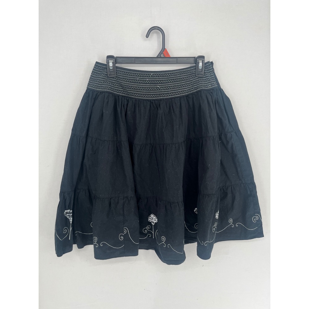 Latina Life Black Cotton Tiered Mini Skirt Floral Embroidered Boho Size 6